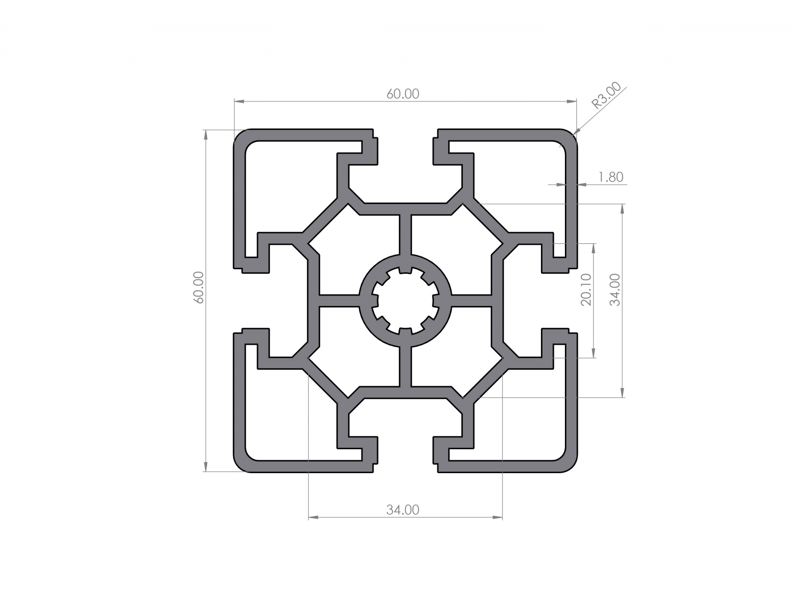 Aluminiumprofil 60x60 Nut 10 Leicht B-Typ